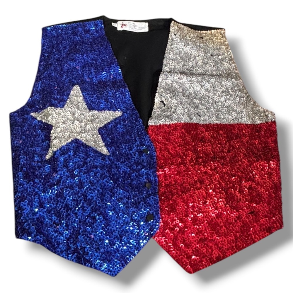 Vintage Sequin Texas Flag Vest Western Americana Rodeo Statement Red White Blue